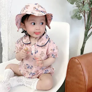 Cute baby girl floral romper with matching hat, soft cotton short sleeve baby summer outfit.