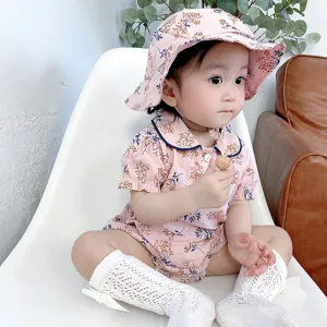 infant baby girl summer floral short sleeve romper onesie sun hat socks set cute outfit