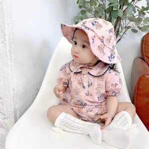 Cute baby girl floral romper summer outfit with matching hat and socks, sweet style.