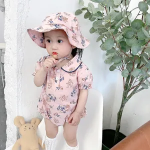 Baby floral romper and matching hat set, cute summer baby girl one-piece clothing.