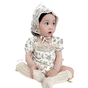 Infant baby girl floral romper summer short sleeve bodysuit with cute lace bonnet and socks