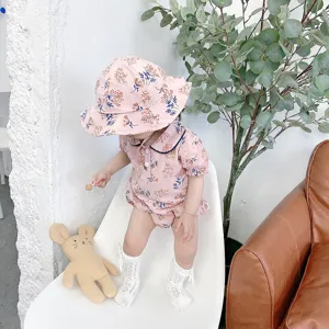 Baby summer floral romper set with matching sun hat, cute infant short sleeve bodysuit.