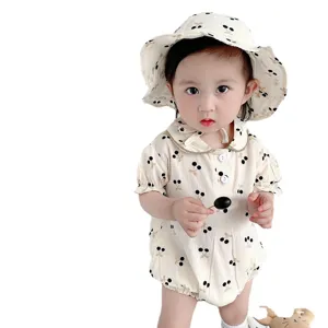2026 baby girl summer romper set with matching hat, cute cherry print short sleeve bodysuit.