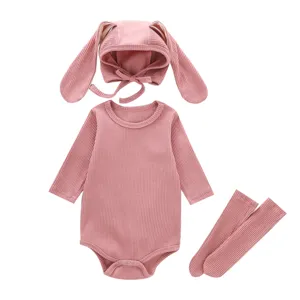 Joli ensemble barboteuse oreilles de lapin bonnet chaussettes bébé côtelé vêtements