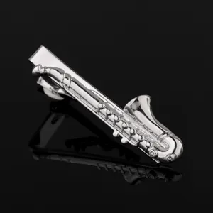 Pince à cravate saxophone argentée pour homme, accessoire de chemise d'instrument.