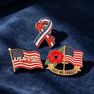 Pins de esmalte conmemorativos del 250 aniversario de EE. UU., broche de bandera y amapola.