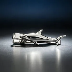 Détail pince à cravate requin, finition argent poli, accessoire élégant chemise homme.