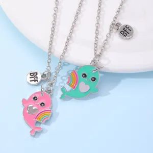 Cute BFF narwhal matching necklaces set with rainbow wings and heart pendants for best friends.