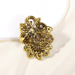 Vintage gold tone crystal leaf brooch pin back view elegant women costume jewelry accessories