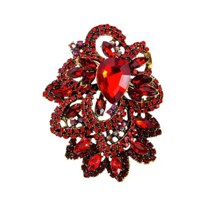 Vintage red crystal brooch for women, elegant baroque rhinestone lapel pin suit accessories
