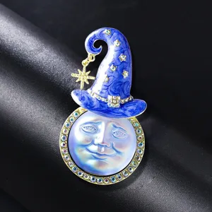Broche Épingle Vintage en Alliage avec Strass Chapeau de Sorcier Lune Souriante Émail Bleu Rose Personnage de Dessin Animé Bijou de Mode