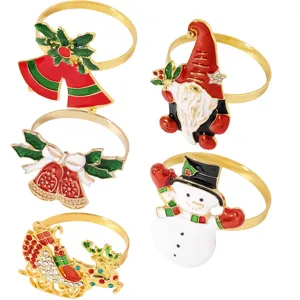 Christmas Napkin Rings Set Alloy Metal Rhinestone Snowman Reindeer Gnome Bells Napkin Holder For Dinner Table Holiday Party Decor