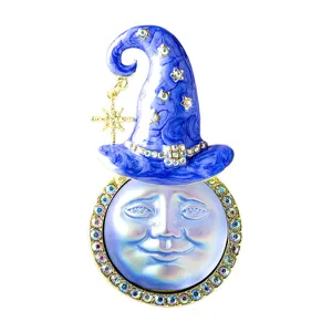 Broche chapeau sorcier email bleu lune souriante cristal strass bijou vintage