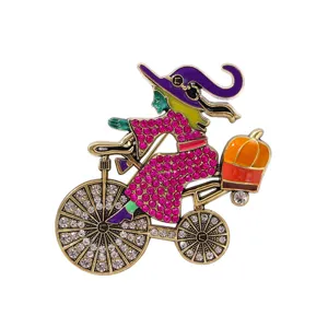 Halloween Witch Bicycle Brooch Crystal Rhinestone Pumpkin Fashion Corsage Pin Gift