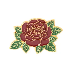Elegante rode roos emaille broche met groene bladeren en gouden rand voor dames mode kleding