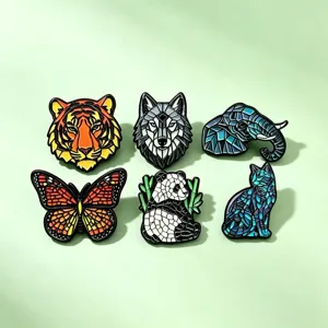 Set van 6 dier enamel speldjes mozaïek stijl tijger wolf olifant vlinder panda kat