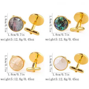 Vue détaillée des boutons de manchette en nacre cuivre, diamètre 1.8 cm avec détails poids.