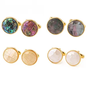 Boutons de manchette ronds en cuivre avec mosaïque de coquillages pour chemise.