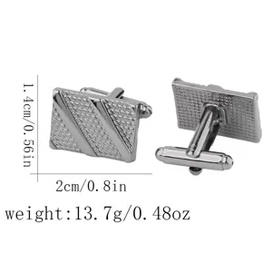 Detailed view of men's business square textured metal cufflinks with dimension and weight specs.