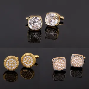 Boutons de Manchette Formels d'Affaires pour Hommes Ton Or Carré Rond Zirconia Perle Artificielle Accessoires de Chemise