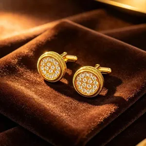 Boutons de manchette ronds dorés avec strass étincelants pour chemise d'affaires homme.