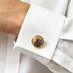 Boutons de manchette ronds en coquillage coloré pour homme, cadre doré chemise française.