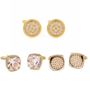 Ensemble de boutons de manchette dorés pour hommes avec zircone cubique et belles perles.