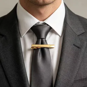 Détail de pince à cravate en métal doré classique pour costume d'affaires et chemise.