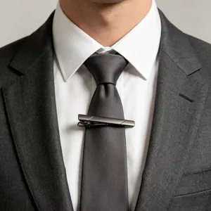 Gros plan détaillé d'un pince-cravate en métal minimaliste élégant sur une cravate sombre.