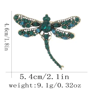 Vintage crystal dragonfly brooch pin for women fashion clothing accessories 4.6x5.4cm