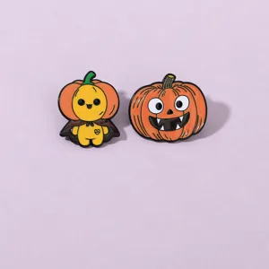 Halloween metal enamel pin set featuring cute cartoon pumpkin and ghost designs for festive wear.