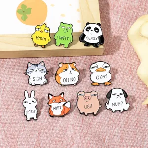 Cute cartoon animal enamel pins set, alloy funny expression brooches with letter design for bags.
