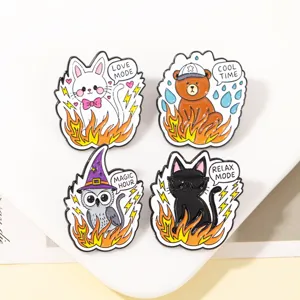 Cute animal enamel pin set featuring cats, bear and owl with fire design, metal lapel badge.