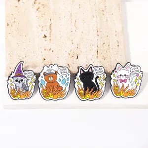 Cute cartoon animal enamel pins set, magical owl and cat metal badges for clothing decor.