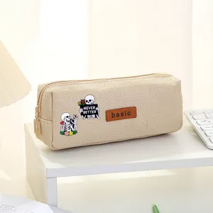 Canvas pencil case minimalist aesthetic cute skeleton patch student stationery storage bag