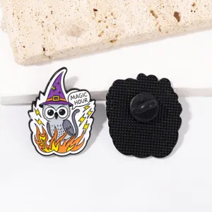 Enamel wizard owl metal brooch pin, cute magic animal badge for fashion outfit.