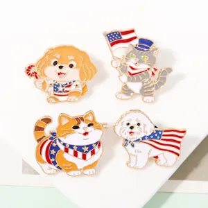 Nette amerikanische Flagge gestreift Katze Hund Emaillierte Brosche Pins Set Cartoon Metall Abzeichen