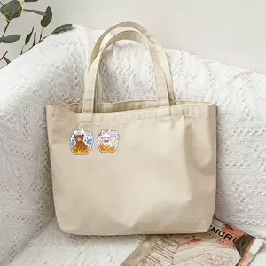 Canvas tote bag cute cartoon bear cat patch design casual shoulder shopping bag cream color