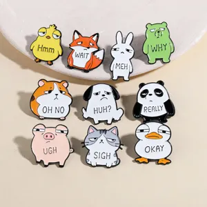 Cute cartoon animal enamel pins set, funny expressions metal badges with English words, lapel pin.