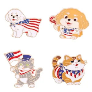 Süße amerikanische Flagge Katze Hund Emaillierte Anstecknadeln Metall Brosche Accessoires