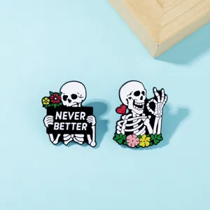 Cute cartoon skeleton enamel pins set, funny never better and ok gesture badges for clothes.