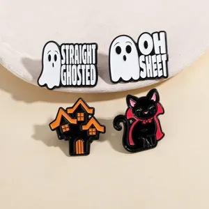 Halloween Cartoon Black Cat Ghost Enamel Pin Spooky House Badge Creative Letter Brooches For Party Clothing Accessories