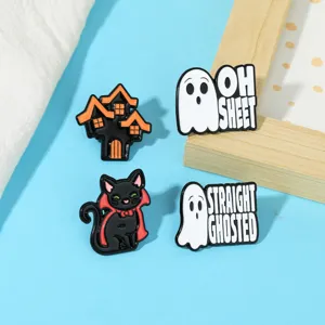Halloween cartoon dark cat ghost enamel pins set, funny spooky brooches badges for clothes