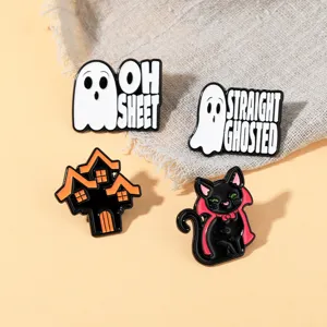 Halloween enamel pins set cute ghost haunted house and black cat spooky clothing accessories.