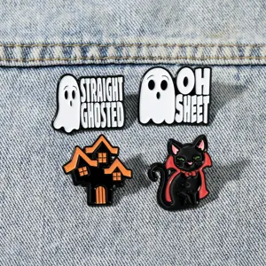 Halloween cartoon enamel pin set featuring ghost letter gothic cat and haunted house badge.