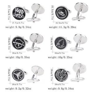 Close-up detail of vintage metal cufflinks showing various military and racing patterns and sizes.