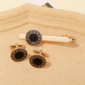 Hommes Luxe Affaires Or Noir Grec Motif Boutons de Manchette Pince à Cravate Ensemble