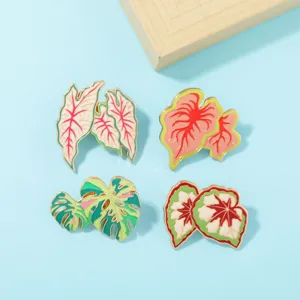 Tropical plant enamel brooch set with caladium and monstera leaves, alloy pin for clothes.