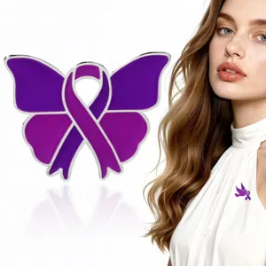 Purple ribbon butterfly enamel pin brooch for awareness and charity events detail shot.