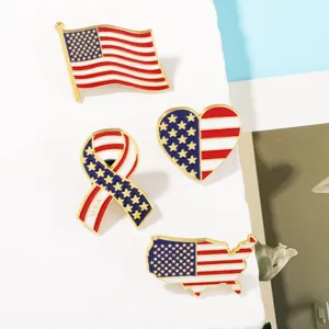 American flag enamel pin set, USA map heart ribbon metal brooches for independence day.